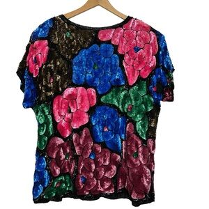 VTG Lawrence Kazar 80s Sequin Colorful Flower Evening Party Cocktail Formal Top